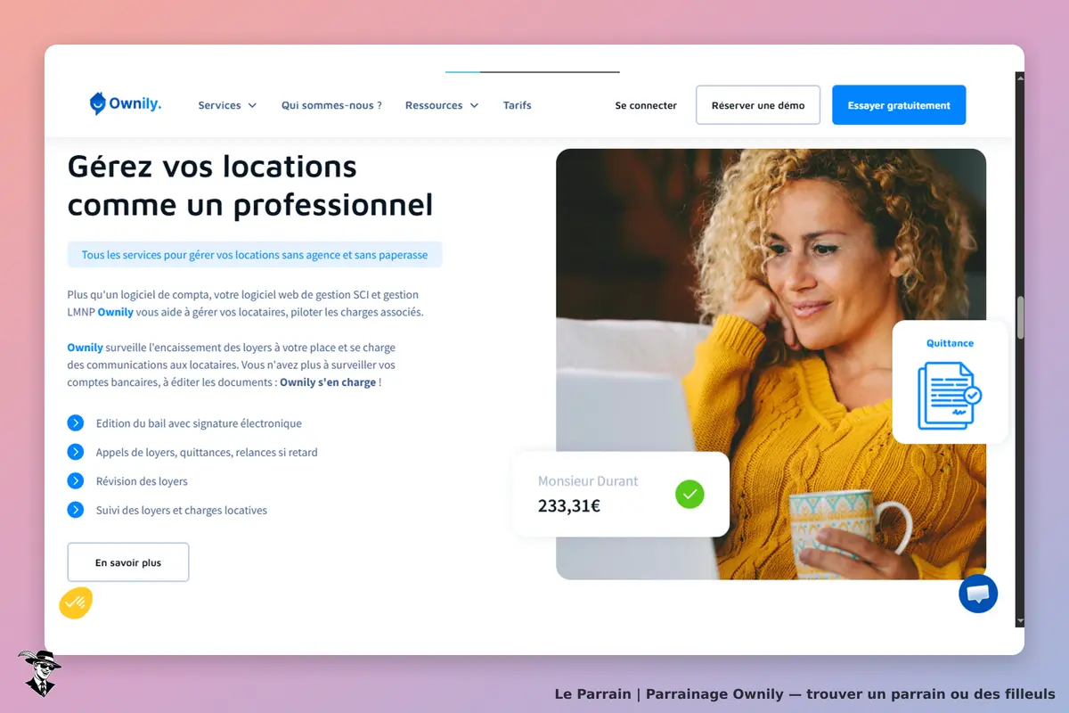 Ownily : page d'accueil présentant un logiciel de gestion locative avec une femme utilisant un