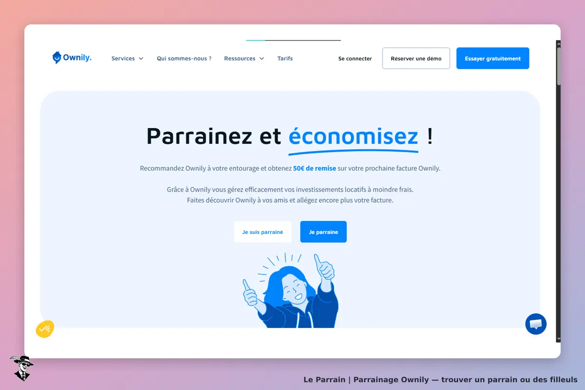 Ownily : page d'accueil avec un message sur le parrainage et des boutons d'action
