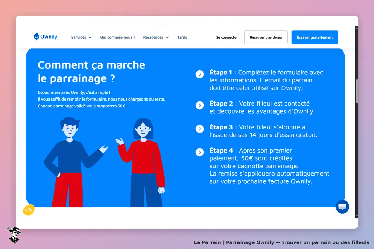 Ownily : page d'accueil expliquant le fonctionnement du parrainage avec étapes et illustrations