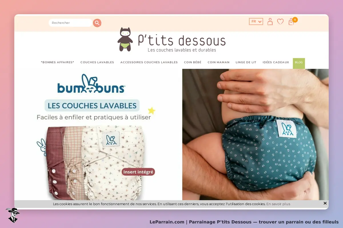 P’tits Dessous : page d'accueil présentant des couches lavables avec un bébé dans les bras