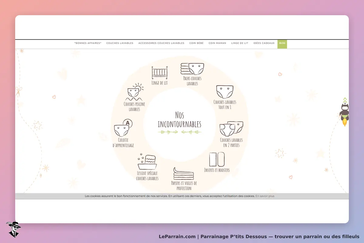 P’tits Dessous : page d'accueil présentant les incontournables en couches lavables et accessoires