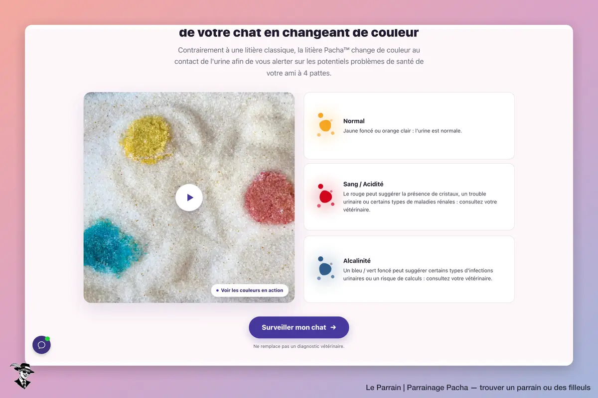 Pacha : tableau des couleurs de la litière et rappel qu’il ne remplace pas un diagnostic vétérinaire