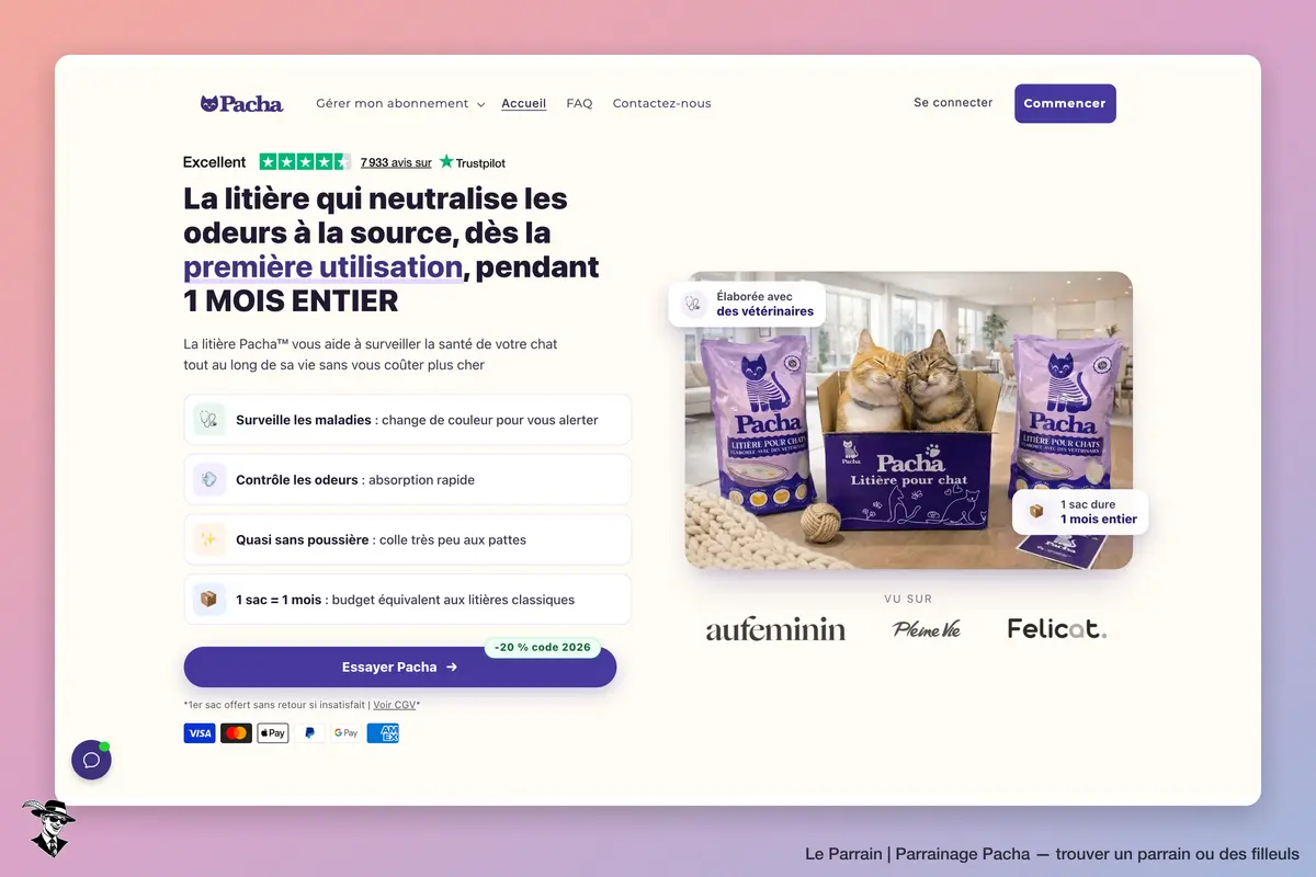 Pacha : aperçu de l’accueil de la boutique et de ses sacs de litière pour chats