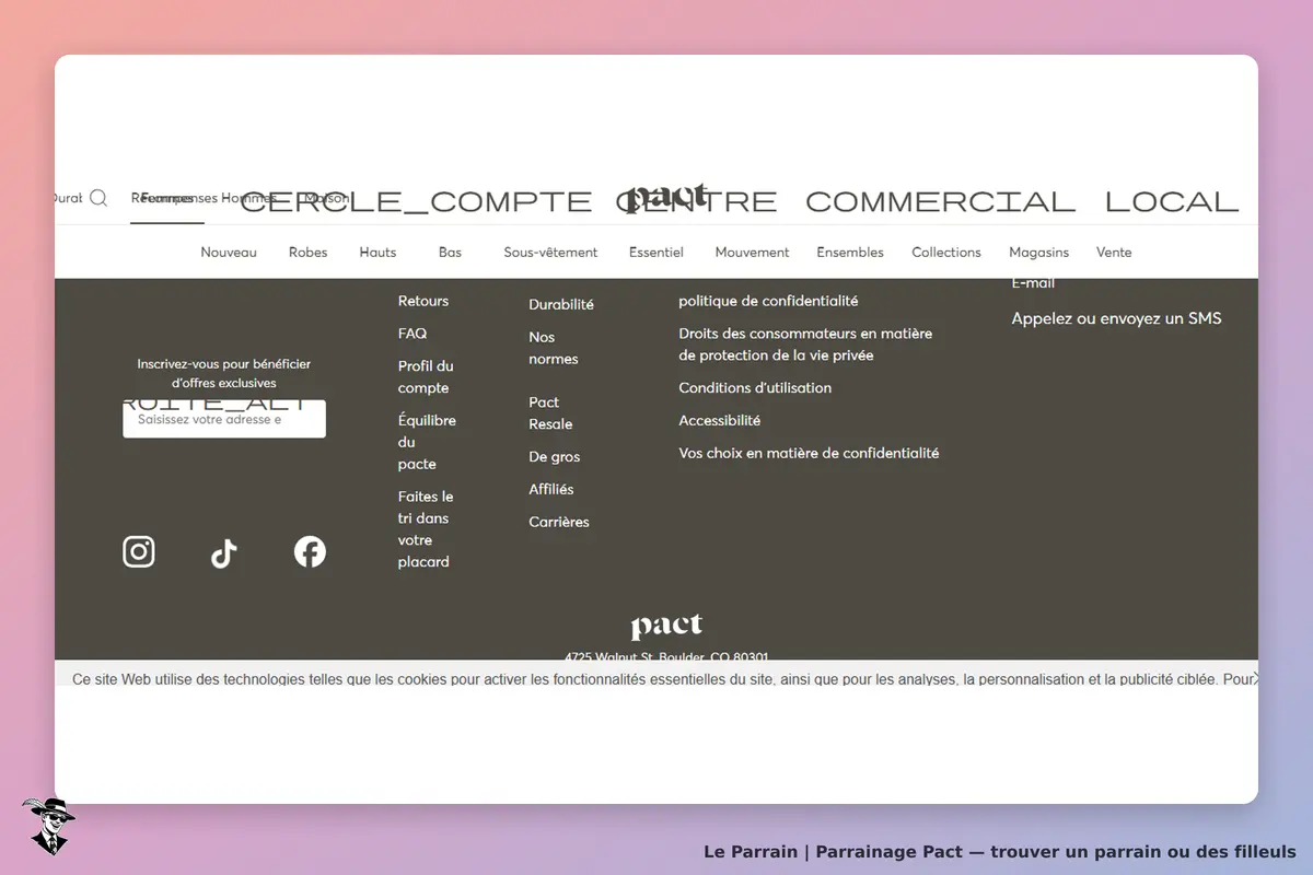 Pact : pied de page avec liens vers les services, réseaux sociaux et informations légales