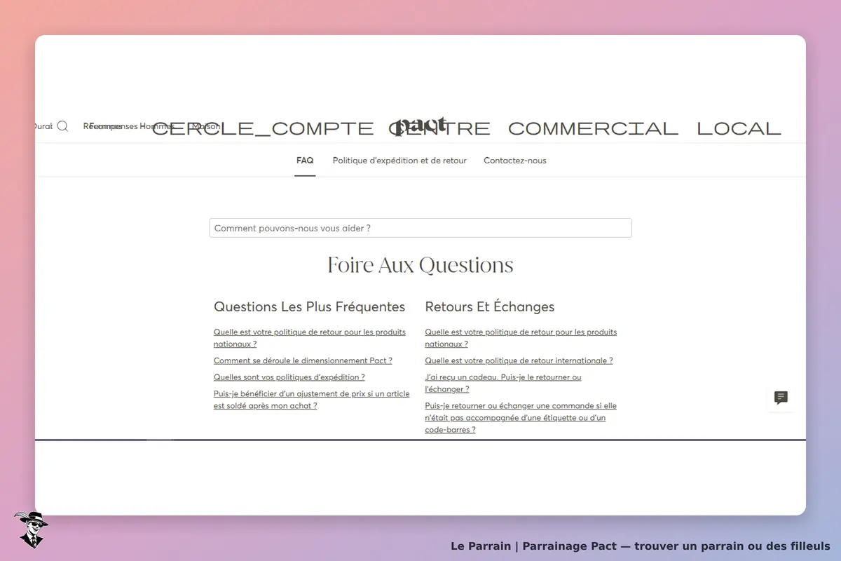 Pact : page FAQ avec questions fréquentes et politique de retour affichées