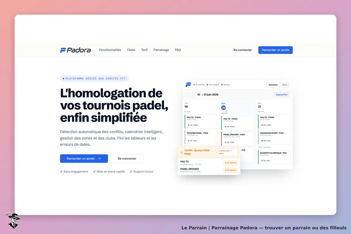 Padora : page d'accueil présentant l'homologation des tournois de padel avec calendrier