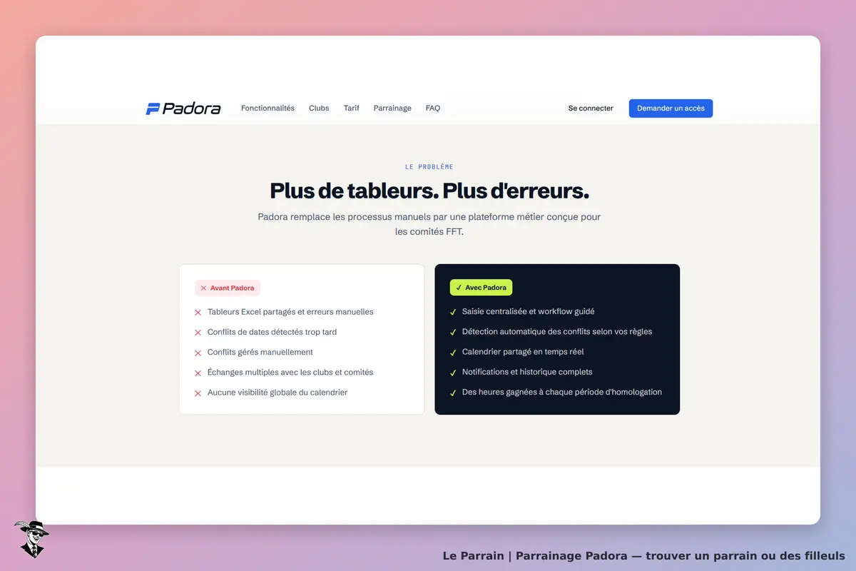 Padora : page d'accueil présentant les avantages et inconvénients de la plateforme