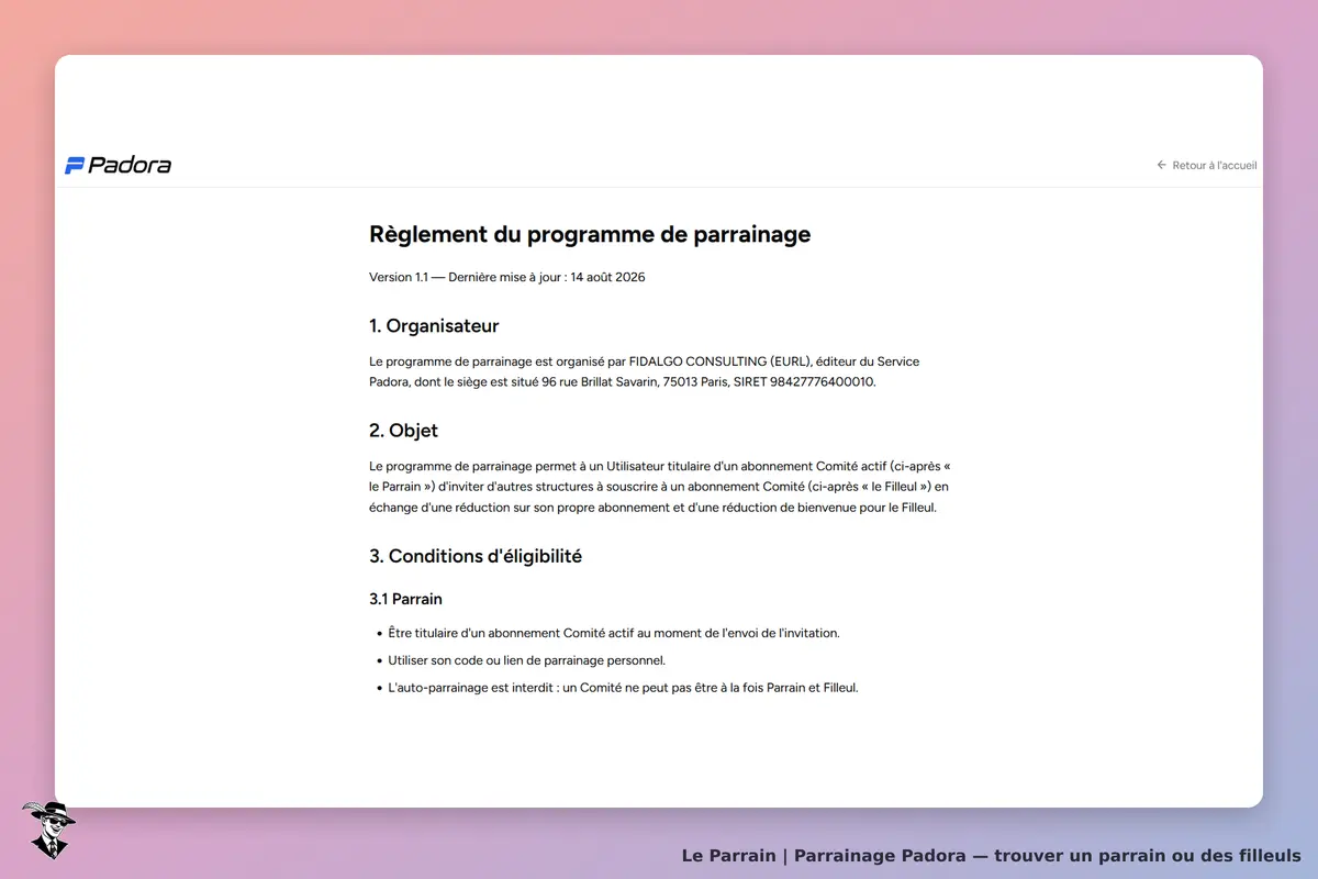 Padora : règlement du programme de parrainage avec sections sur l'organisateur et les conditions
