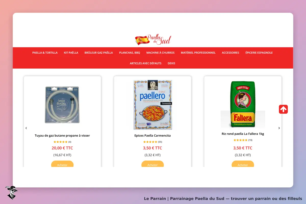 Paella du Sud : page d'accueil avec trois produits liés à la paella affichés