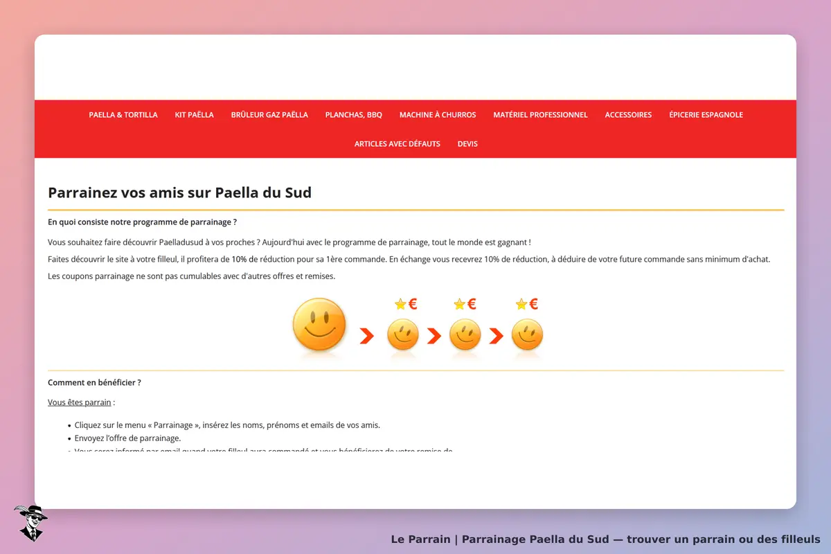 Paella du Sud : page d'accueil du programme de parrainage avec explications et illustrations