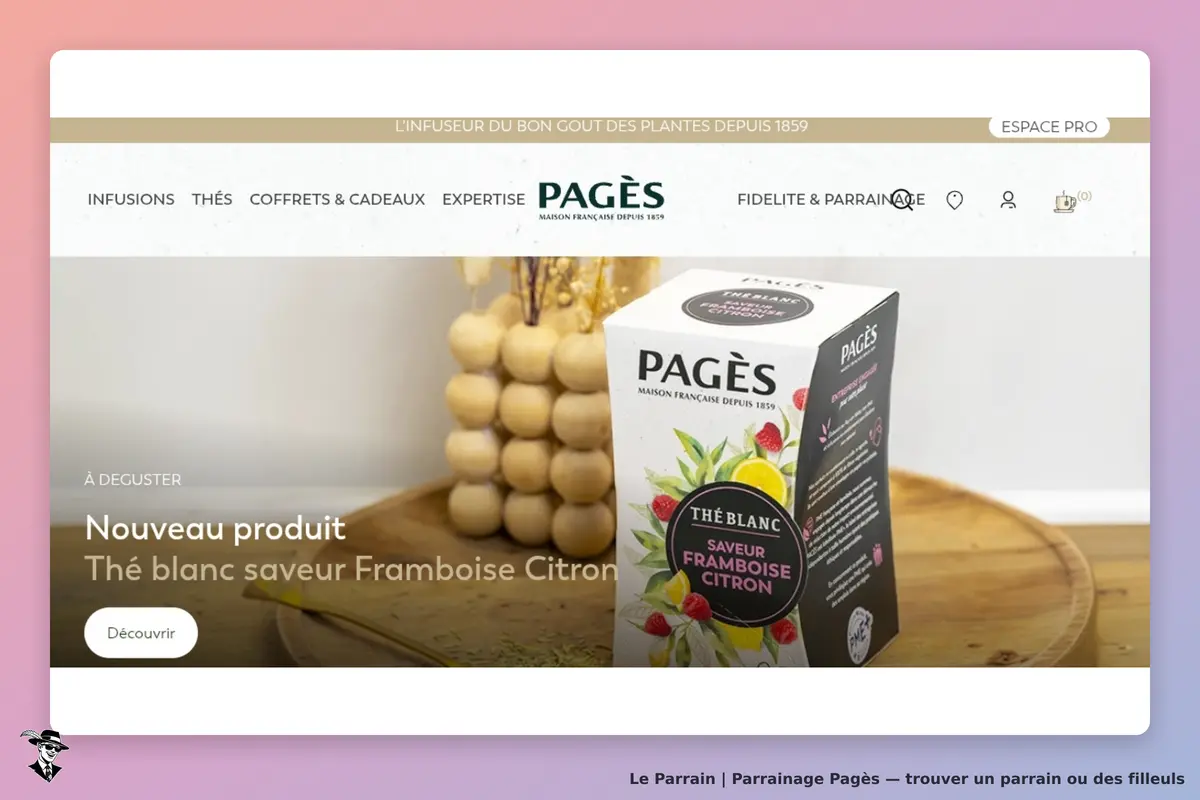Pagès : page d'accueil avec un nouveau produit, thé blanc saveur framboise citron en présentation