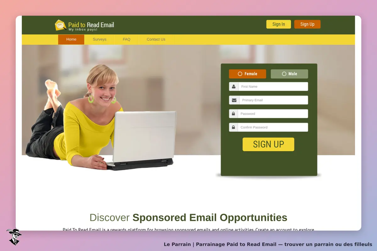Paid to Read Email : page d'accueil avec formulaire d'inscription et une femme utilisant un