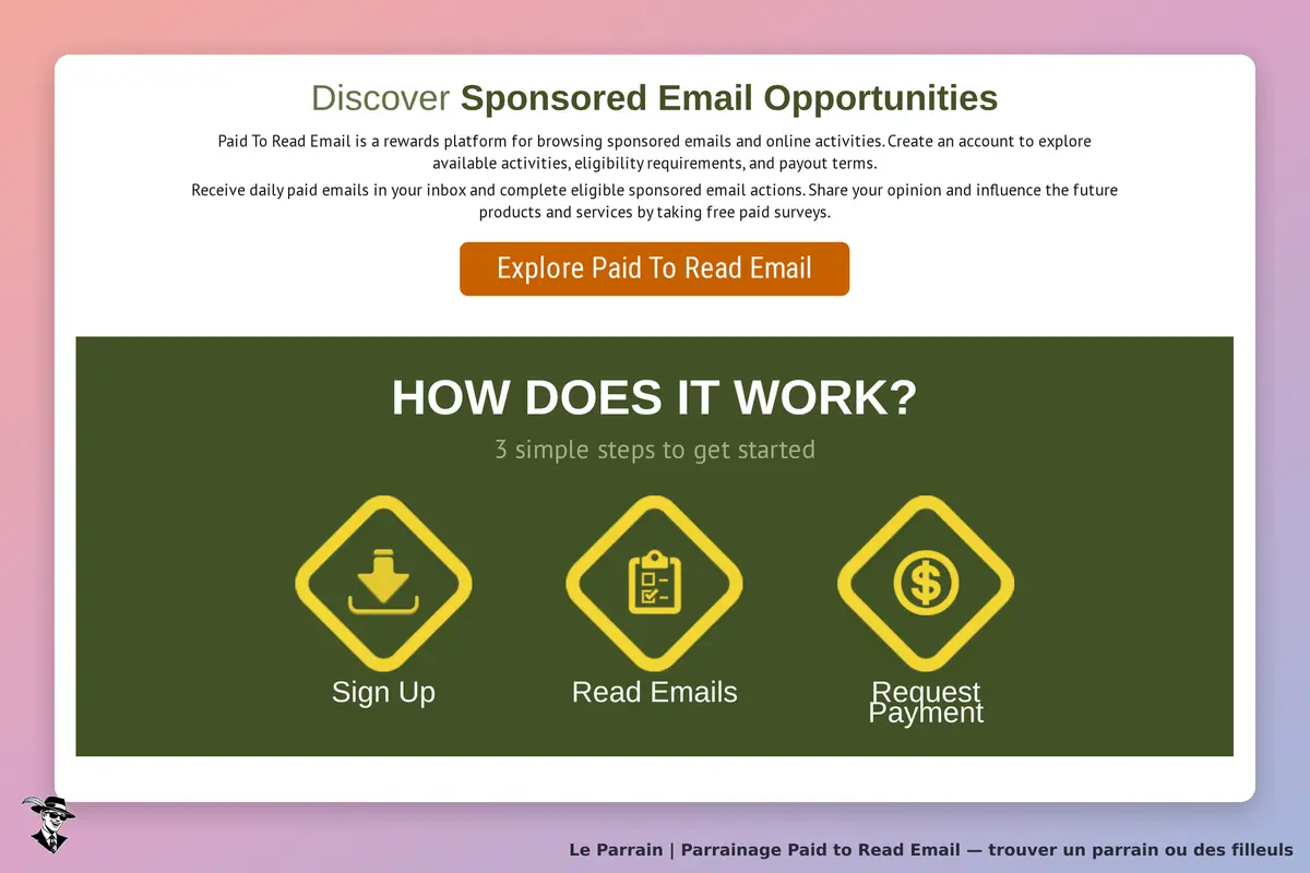 Paid to Read Email : page d'accueil avec étapes pour s'inscrire et lire des emails rémunérés