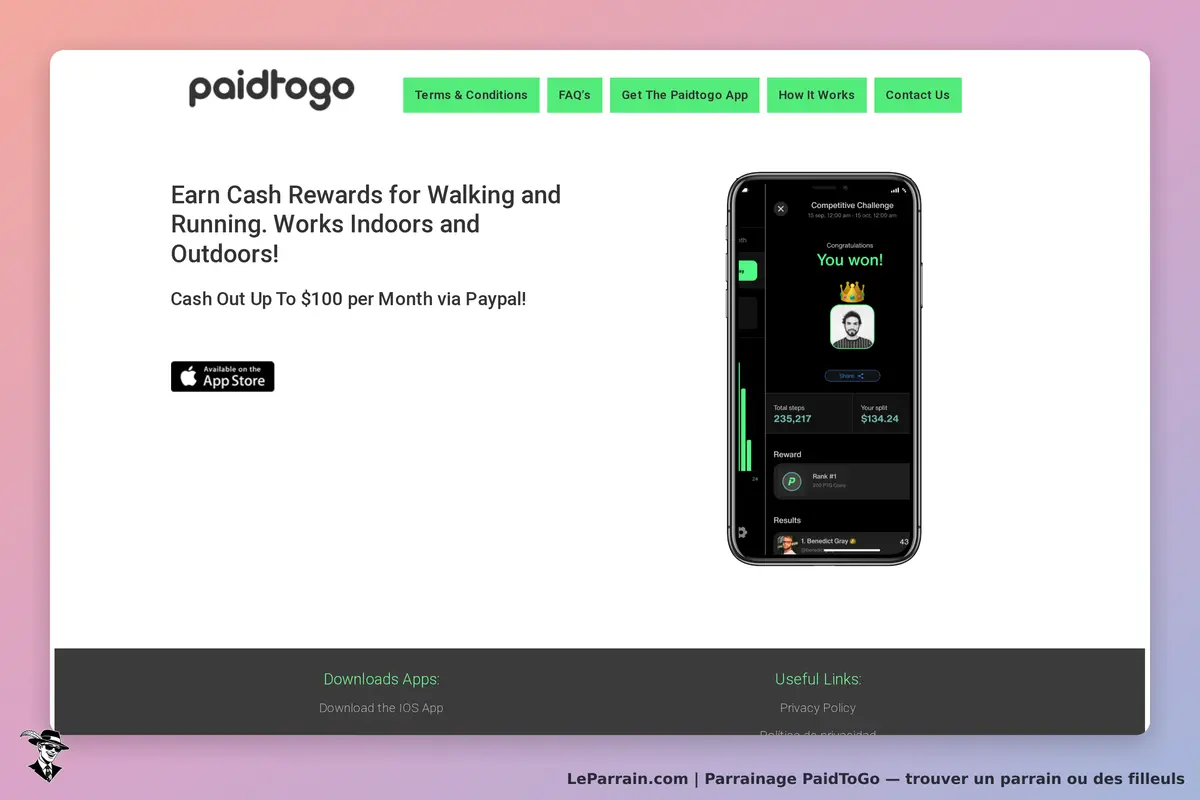PaidToGo : page d'accueil avec un smartphone affichant des statistiques de marche et des