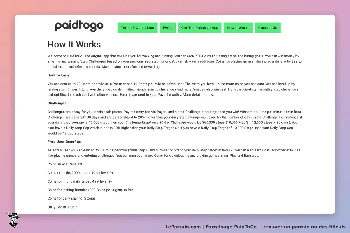 PaidToGo : page d'accueil présentant le fonctionnement et les défis du programme de récompenses