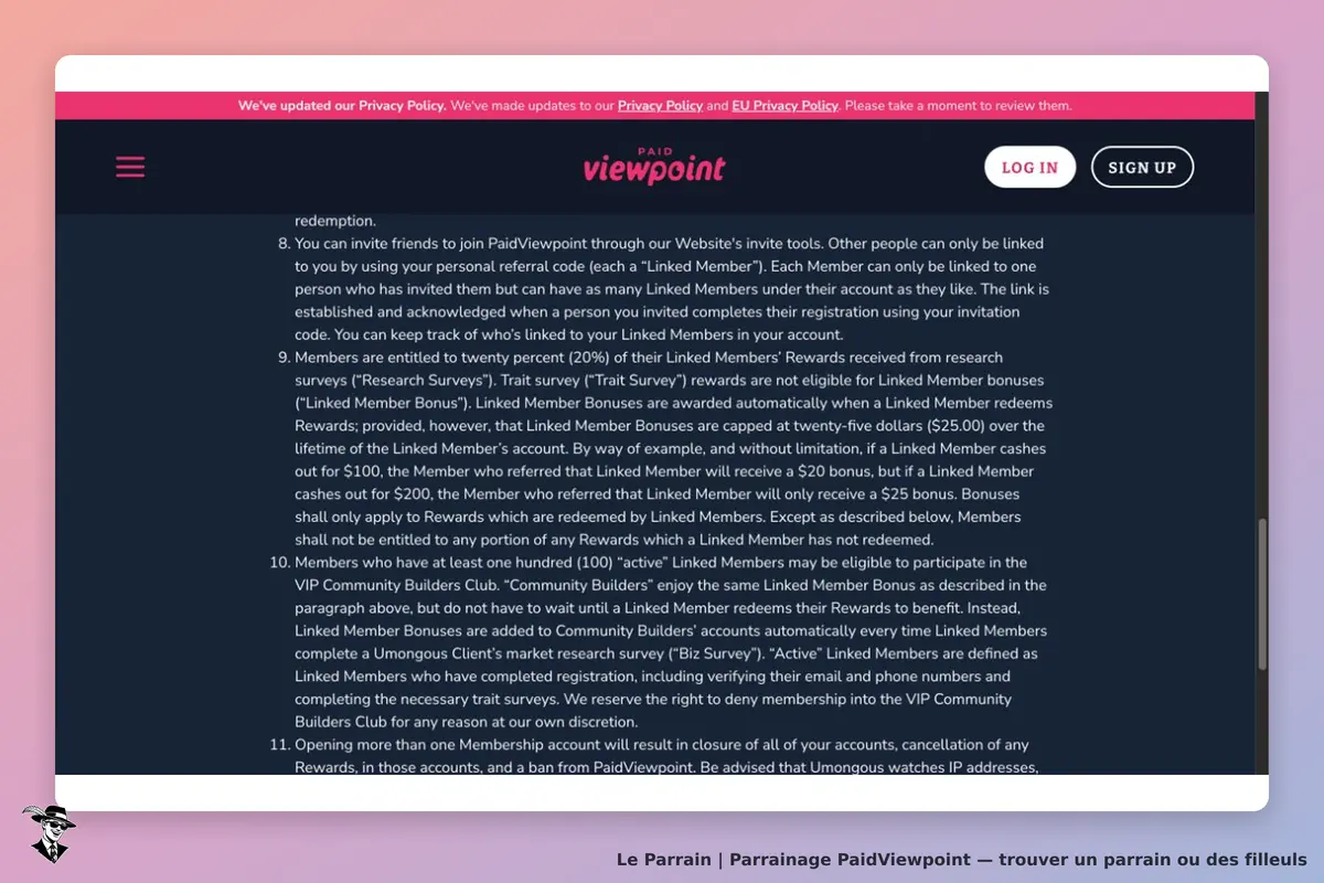 PaidViewpoint : règles du code personnel, bonus de 20 pour cent et plafond de 25 dollars par filleul