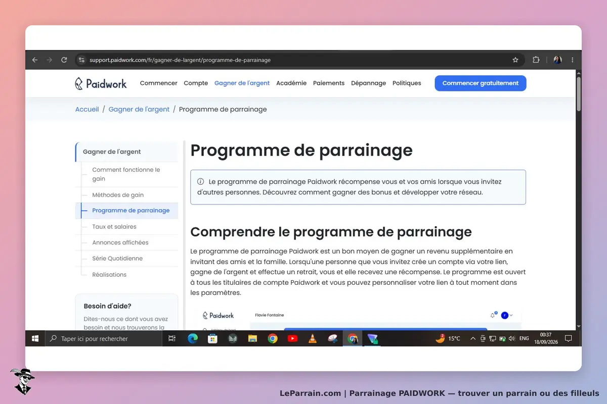 Paidwork : page sur le programme de parrainage avec explications et menu de navigation