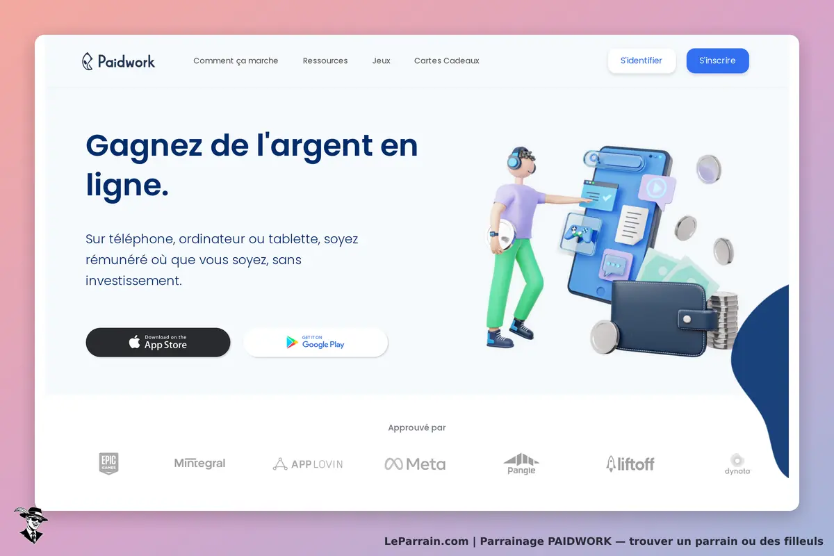 PAIDWORK : page d'accueil avec un personnage et des éléments numériques illustrant le travail en