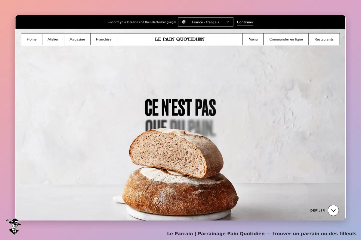 Pain Quotidien : pain artisanal avec un slogan en arrière-plan sur la page d'accueil
