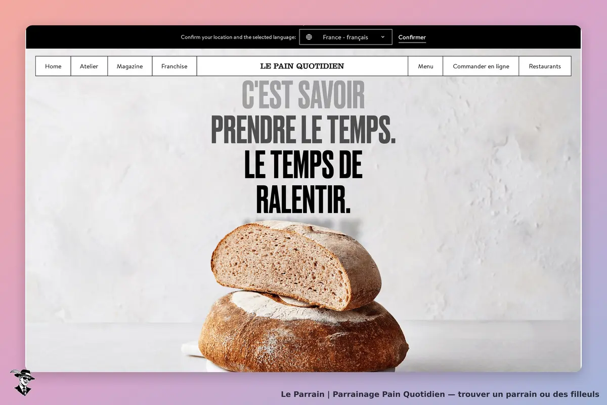 Pain Quotidien : pain coupé en deux sur un fond clair avec un slogan inspirant en texte
