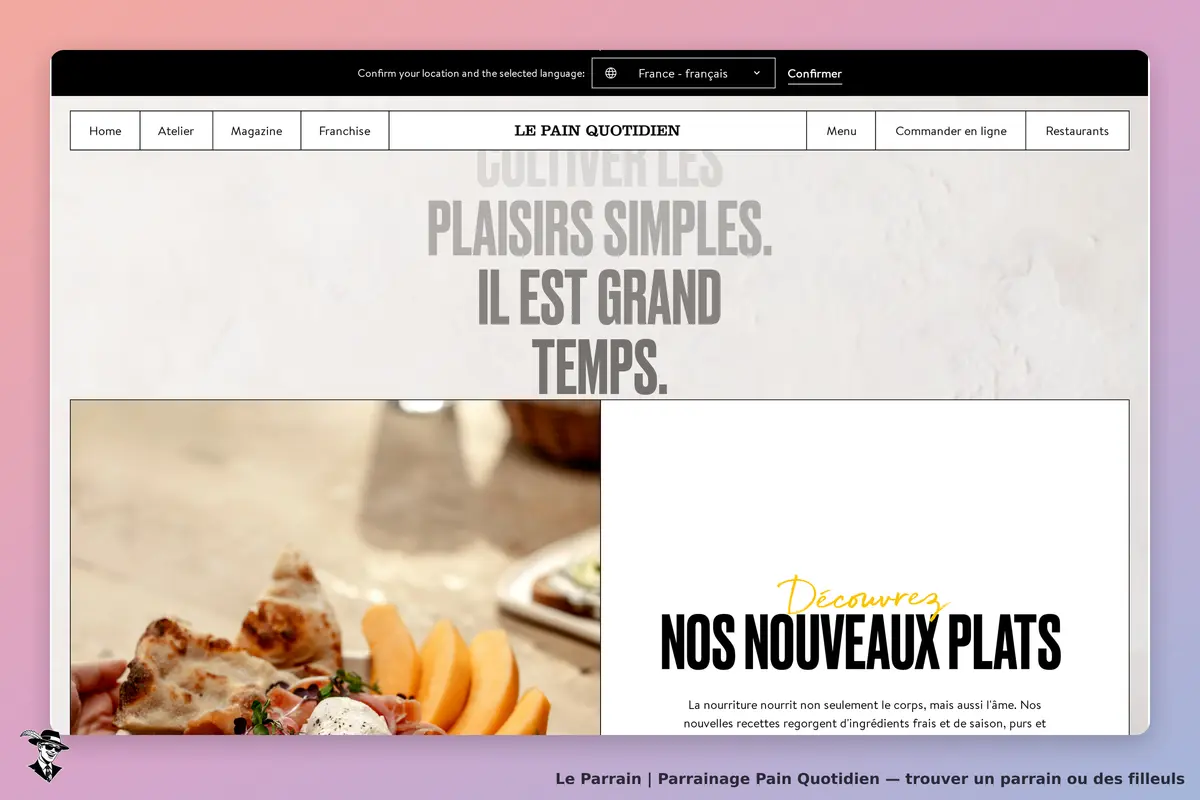 Pain Quotidien : page d'accueil avec texte et image de plats appétissants sur une table