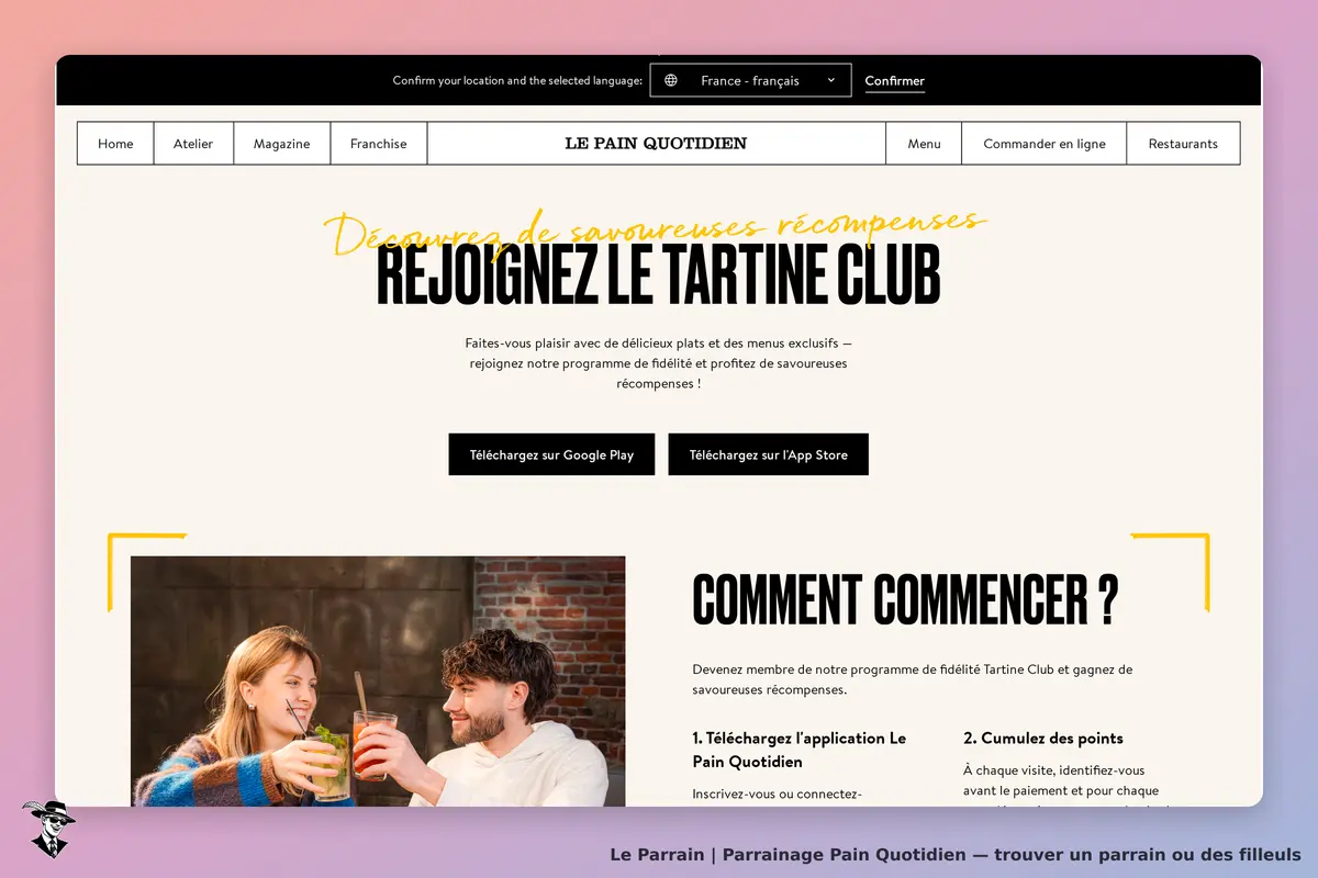 Pain Quotidien : page d'accueil avec invitation à rejoindre le Tartine Club et téléchargement