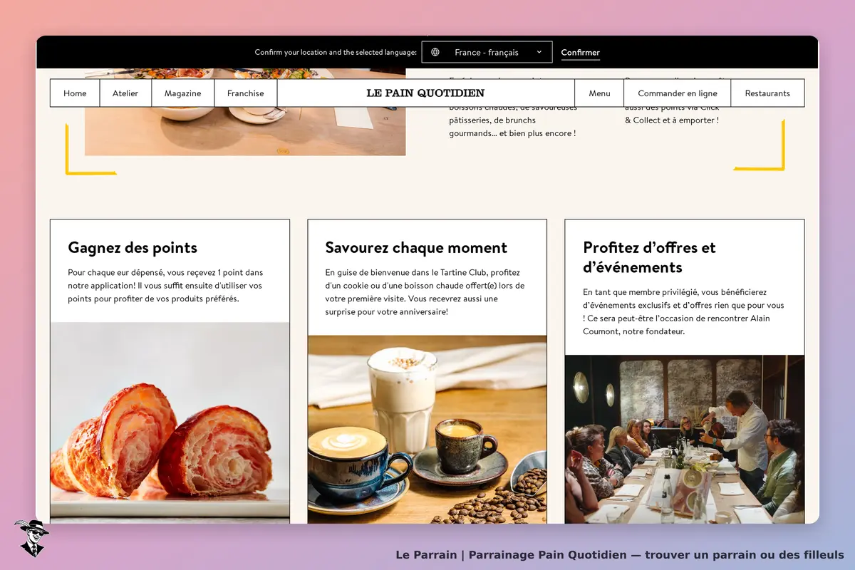 Pain Quotidien : trois sections sur la page avec des images de produits et des offres