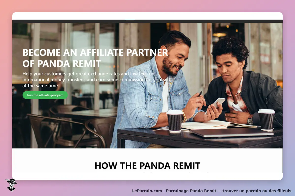 Panda Remit : deux hommes discutent autour d'une table, avec un écran et des tasses à café