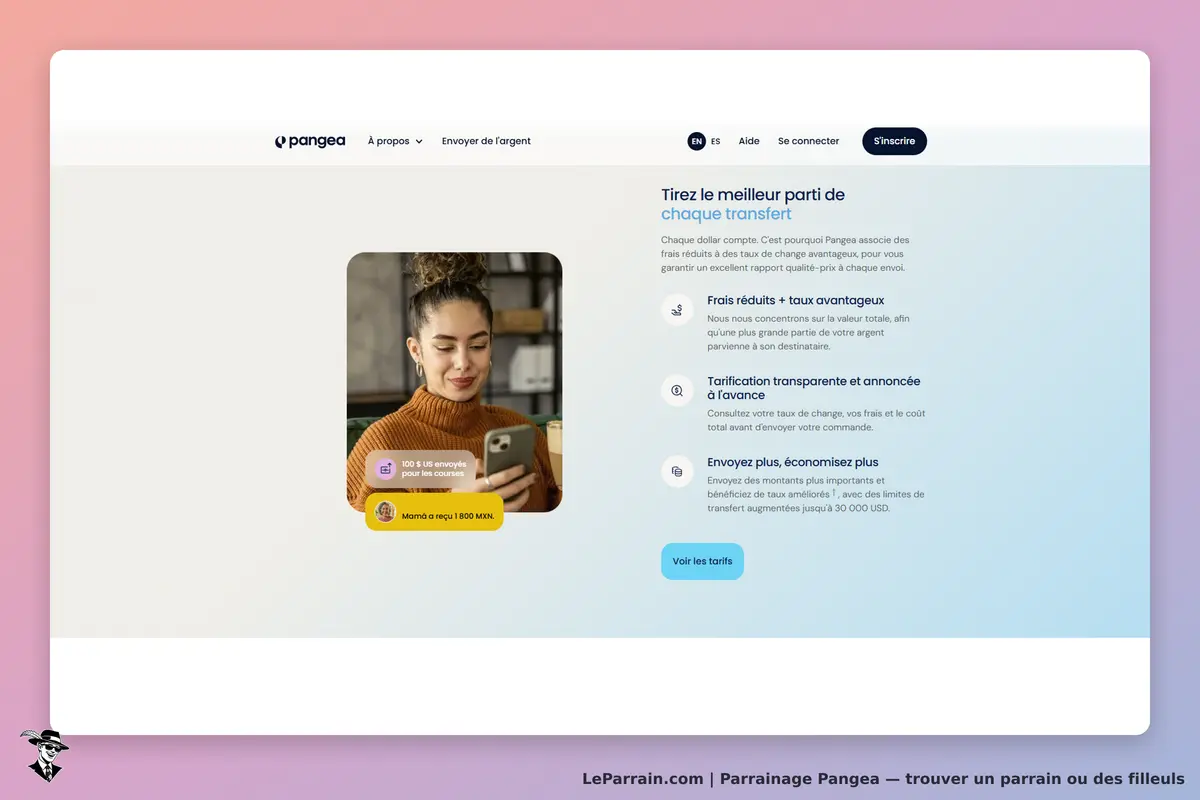 Pangea : page d'accueil présentant un service de transfert d'argent avec une femme utilisant son