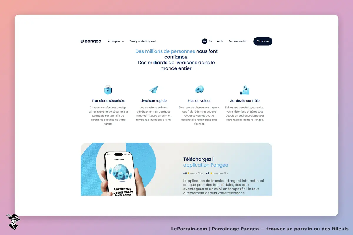 Pangea : page d'accueil présentant des services de transfert d'argent et une application mobile