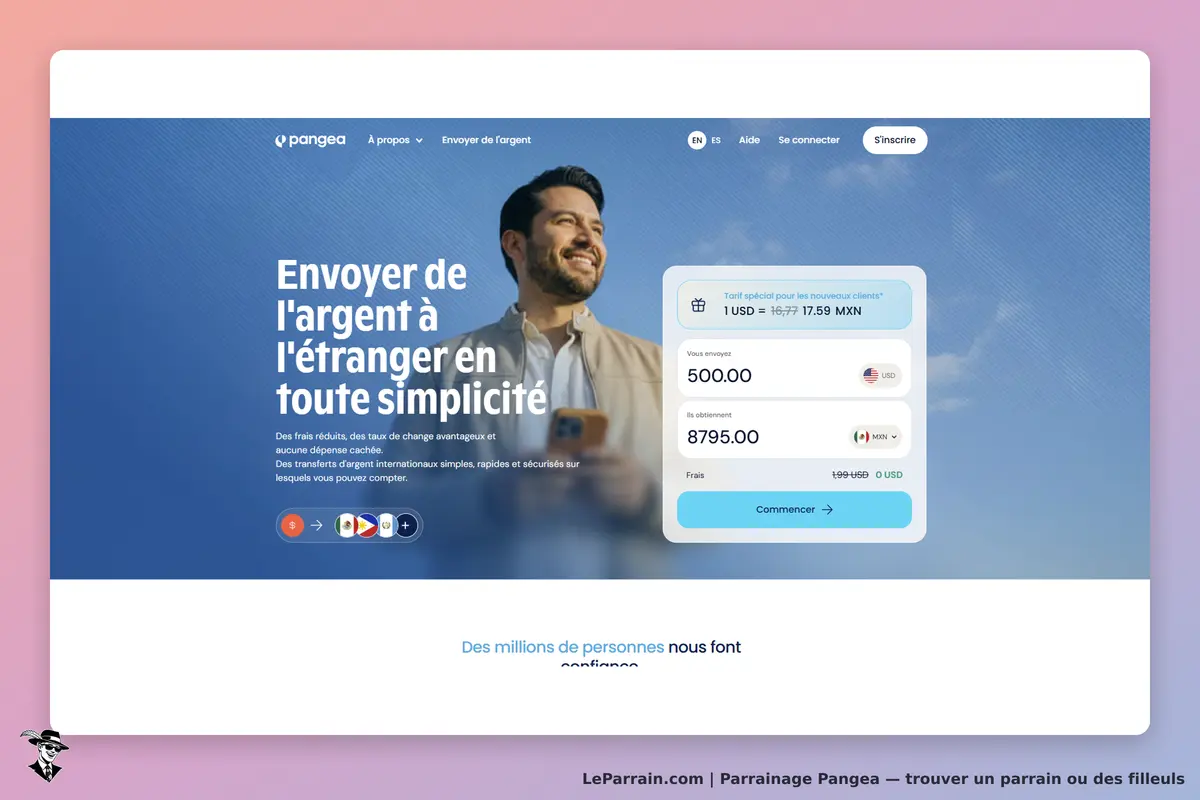 Pangea : page d'accueil avec un homme souriant utilisant un smartphone et un formulaire de