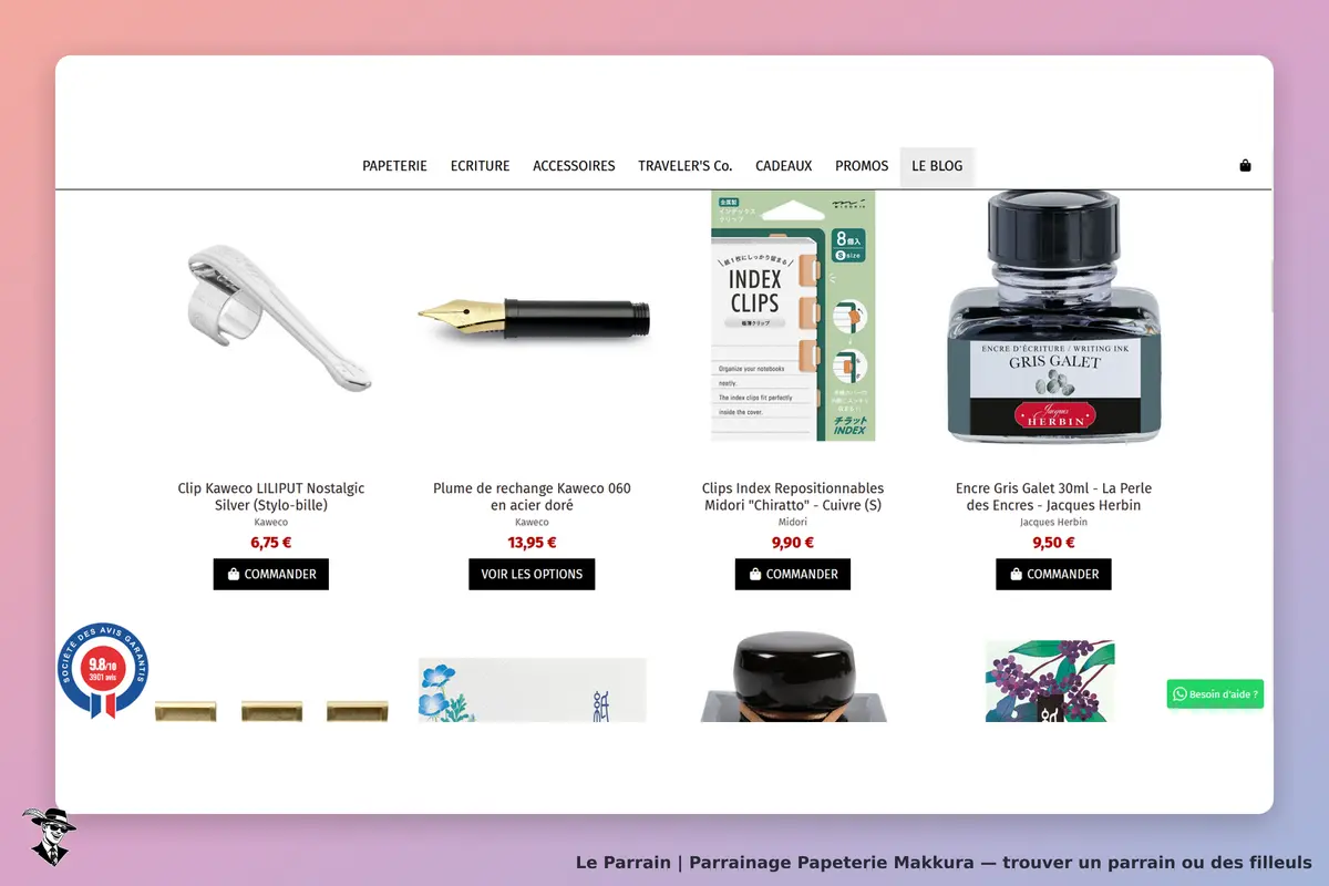Papeterie Makkura : produits de papeterie affichés, incluant stylos et encre sur fond blanc