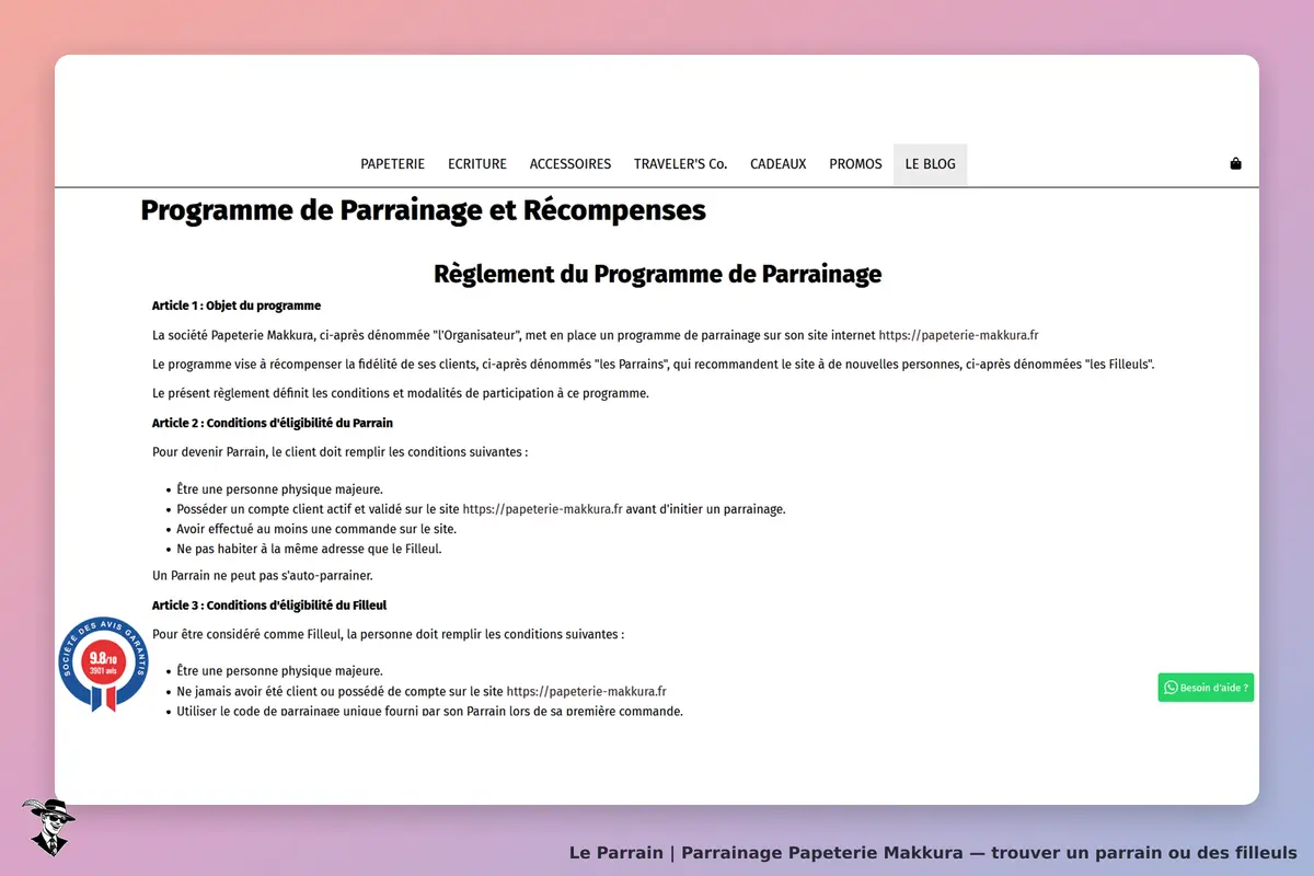 Papeterie Makkura : règlement du programme de parrainage affiché sur la page d'accueil