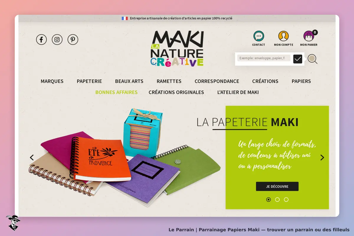 Papiers Maki : page d'accueil avec divers produits en papier et options de navigation