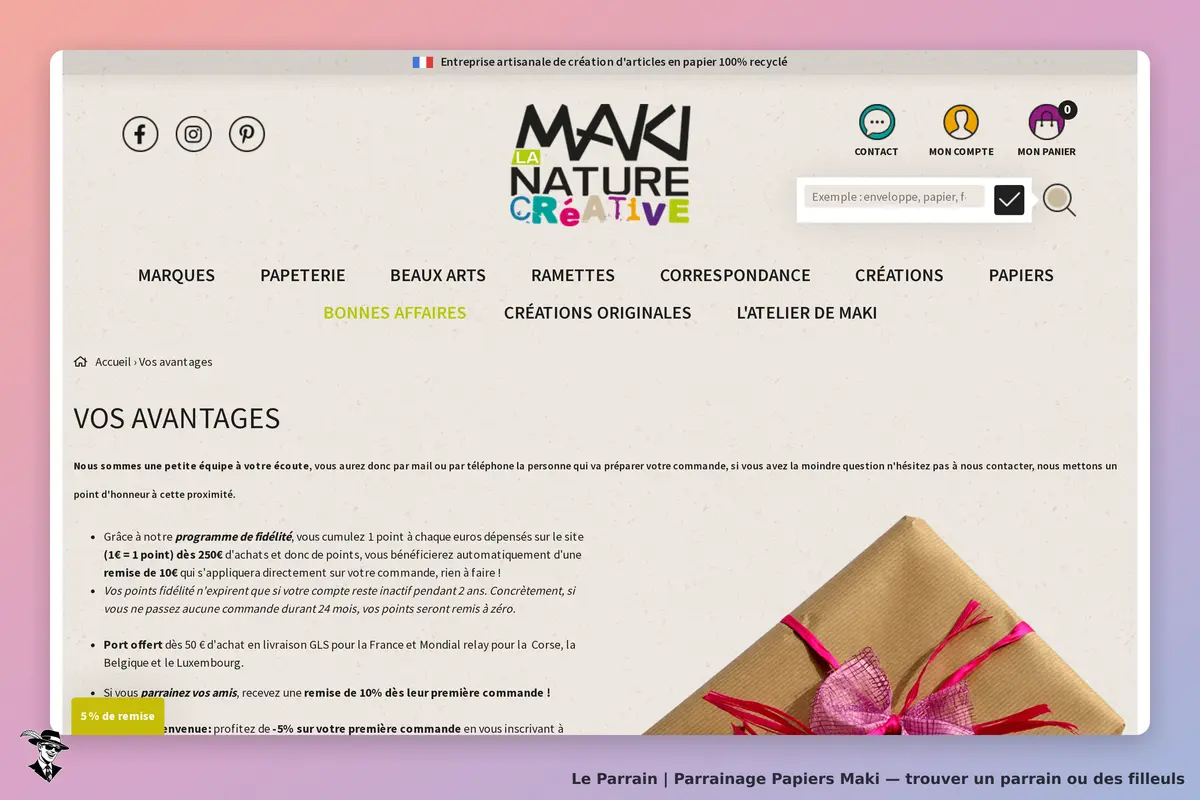 Papiers Maki : page d'accueil avec avantages et un cadeau emballé en papier kraft