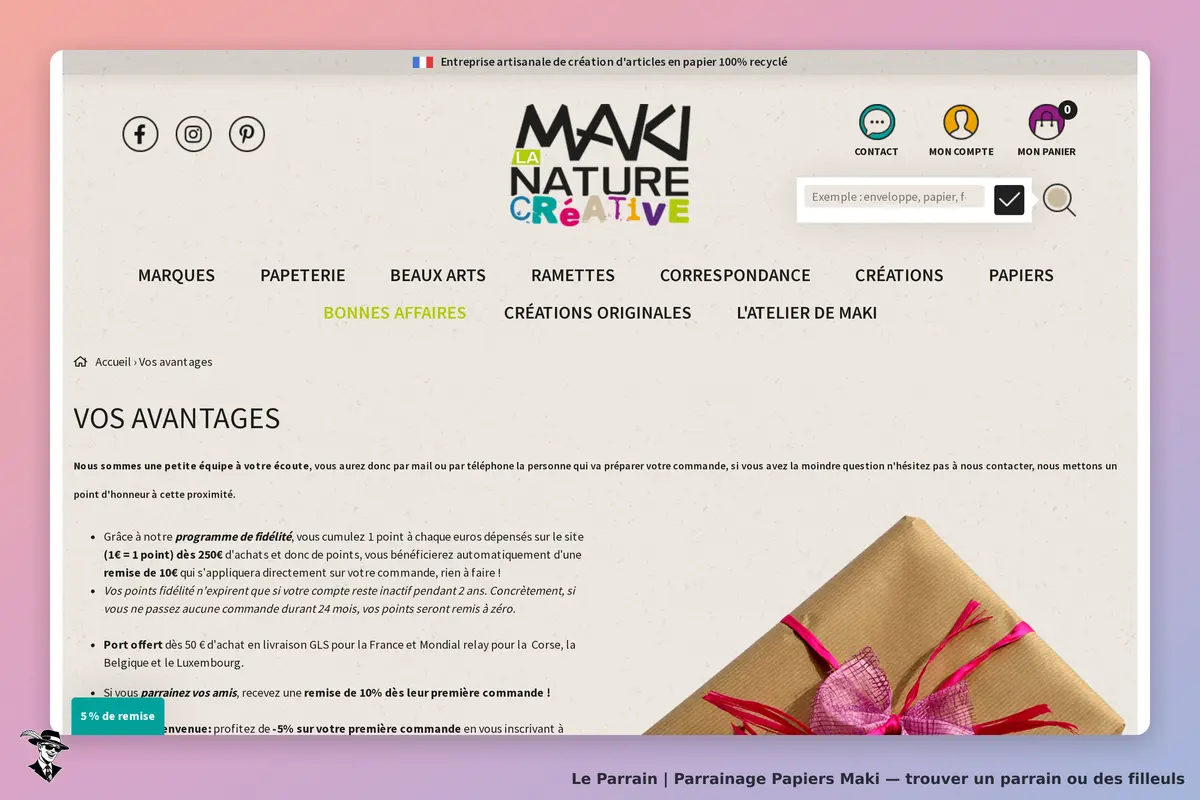 Papiers Maki : page d'accueil présentant les avantages et un cadeau emballé avec un nœud