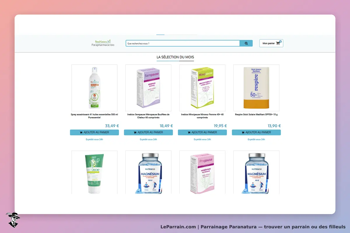 Paranatura : sélection de produits de parapharmacie bio avec options d'ajout au panier
