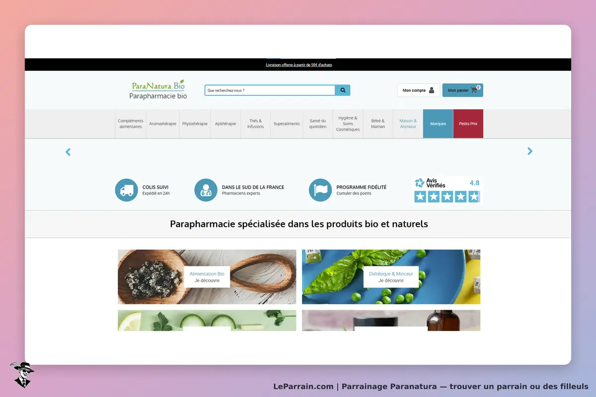 Paranatura : page d'accueil avec catégories de produits bio et naturels, images de nourriture