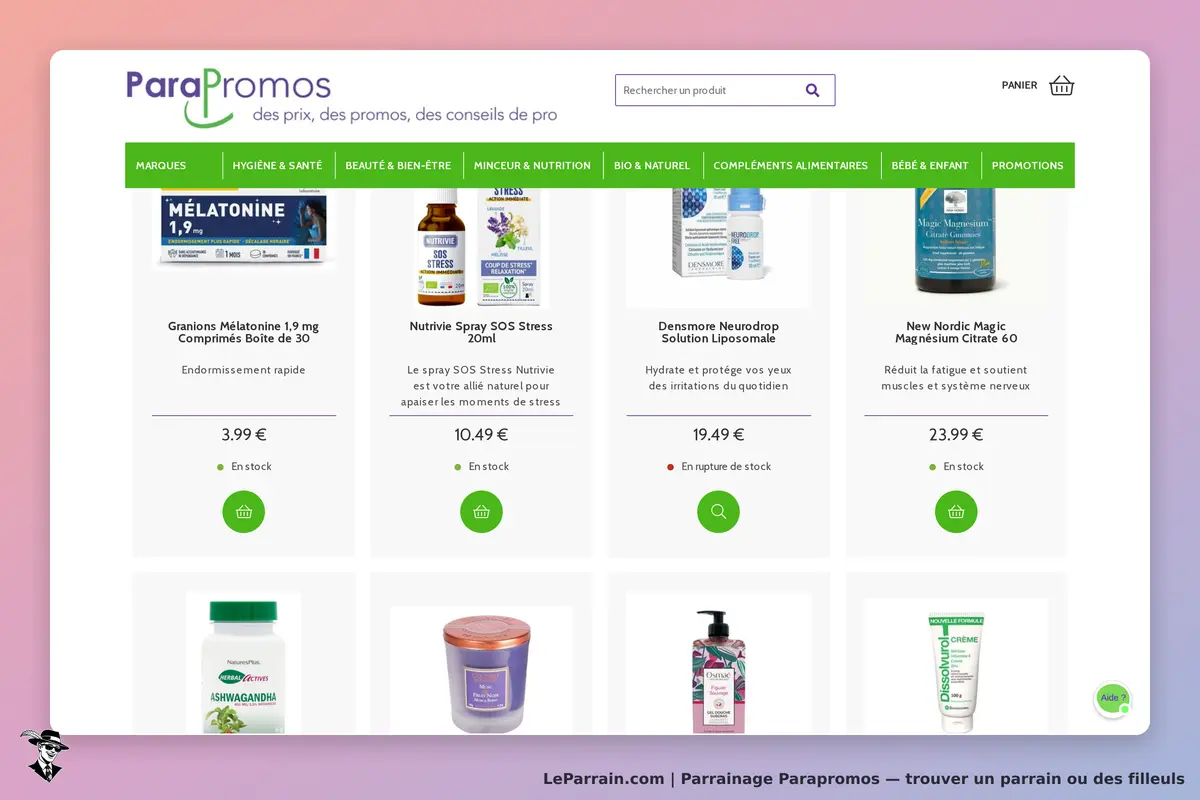 ParaPromos : page d'accueil affichant divers produits de santé et bien-être avec prix et