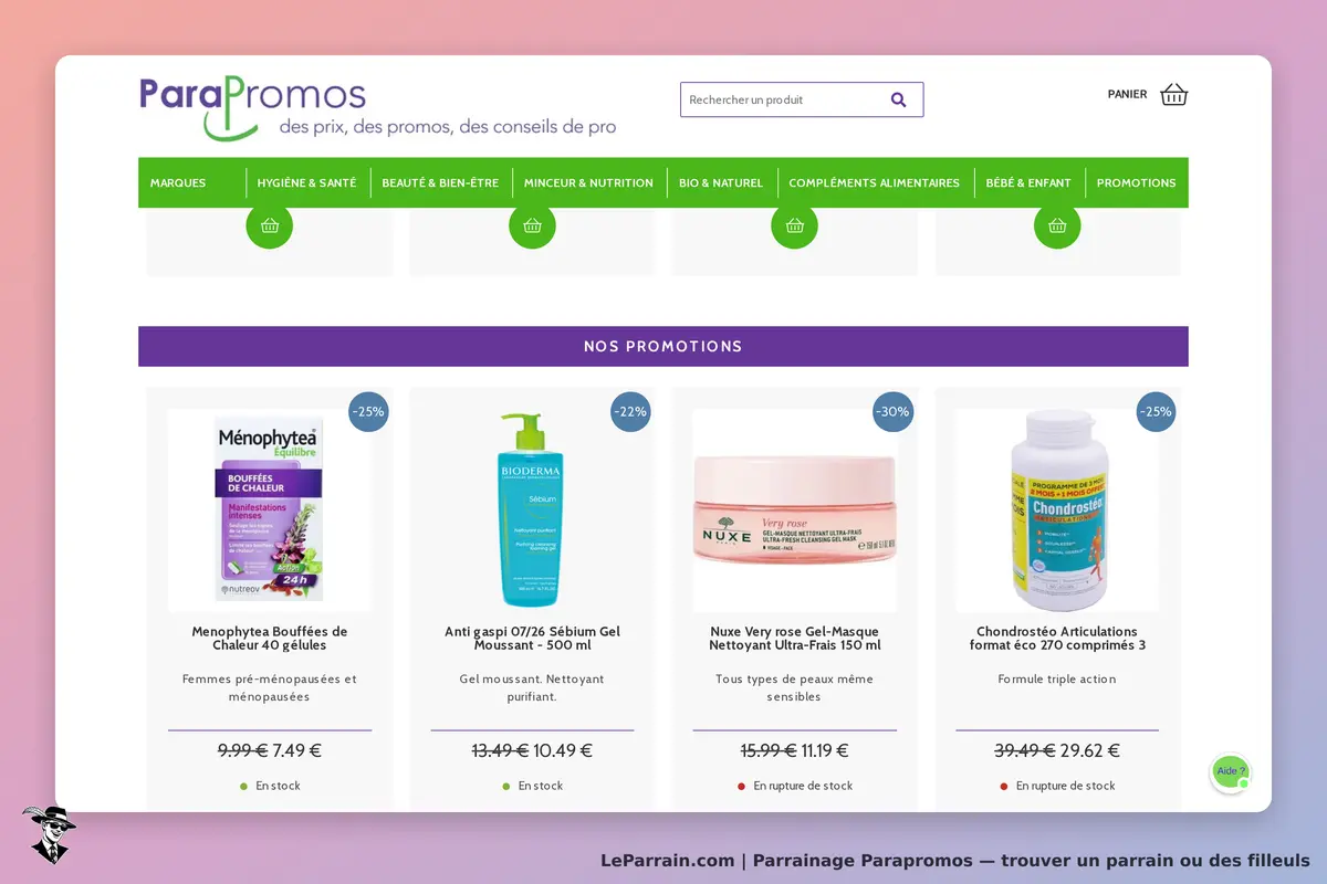 ParaPromos : page d'accueil affichant des promotions sur divers produits de santé et beauté