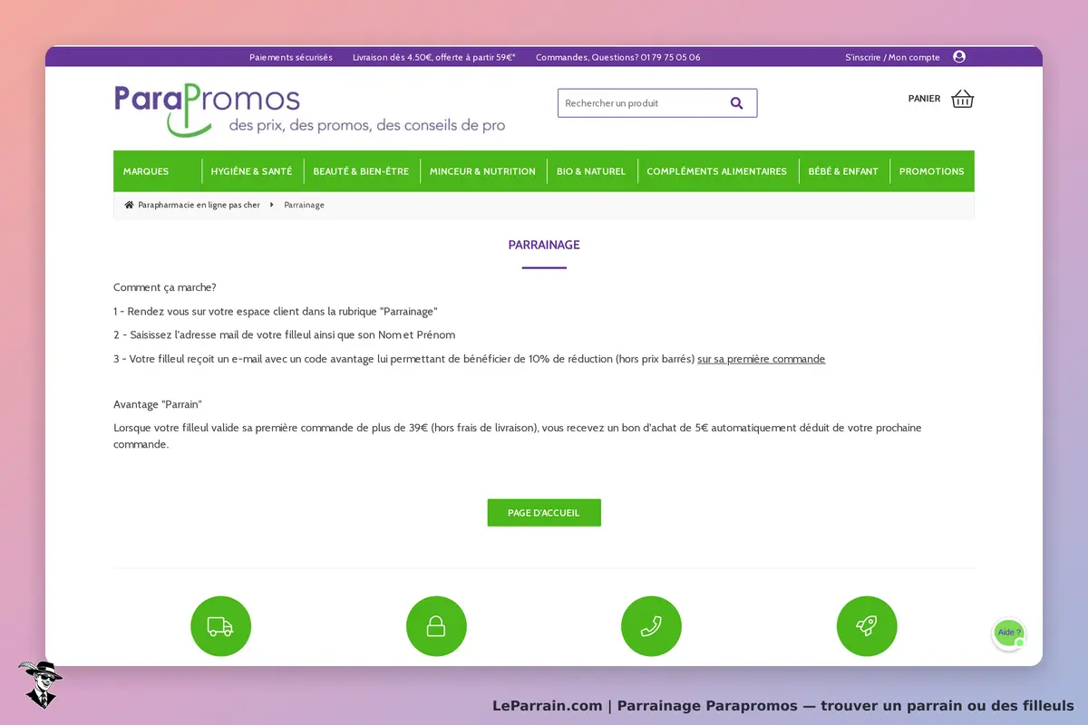 ParaPromos : page d'accueil avec explication sur le parrainage et boutons de navigation