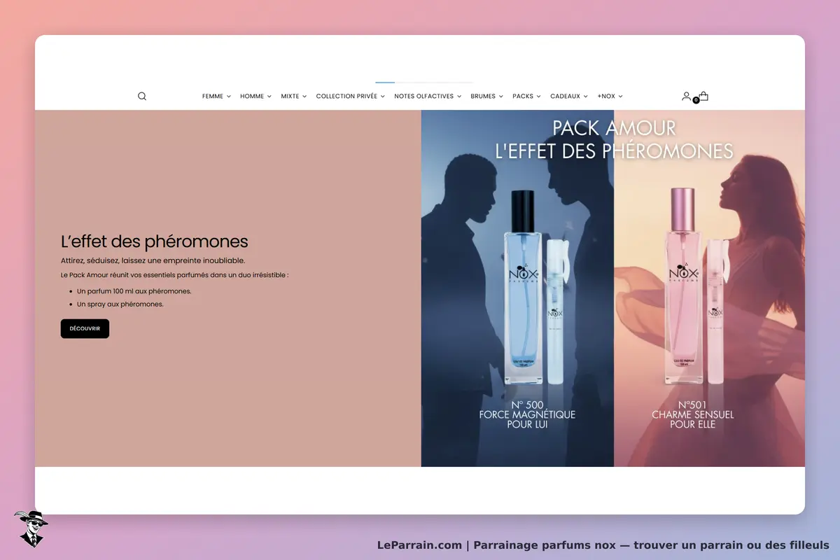 Parfums Nox : page d'accueil présentant le Pack Amour et deux parfums avec leurs flacons