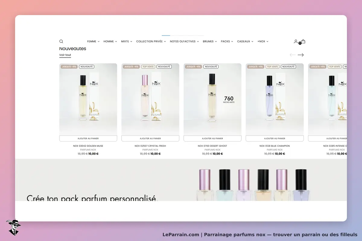 Parfums Nox : page d'accueil avec des nouveautés de parfums et un pack de flacons