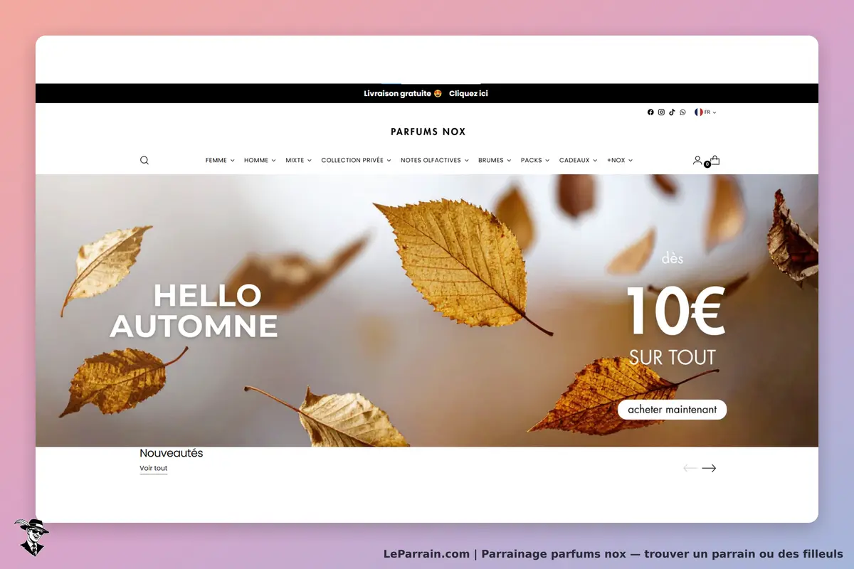 Parfums Nox : page d'accueil avec des feuilles d'automne et le texte "HELLO AUTOMNE"