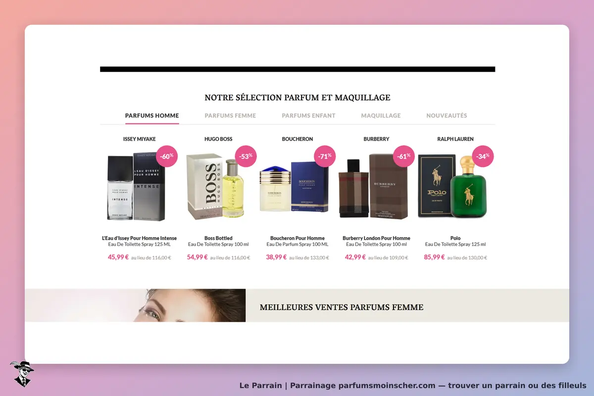 parfumsmoinscher.com : sélection de parfums pour hommes avec images et prix affichés