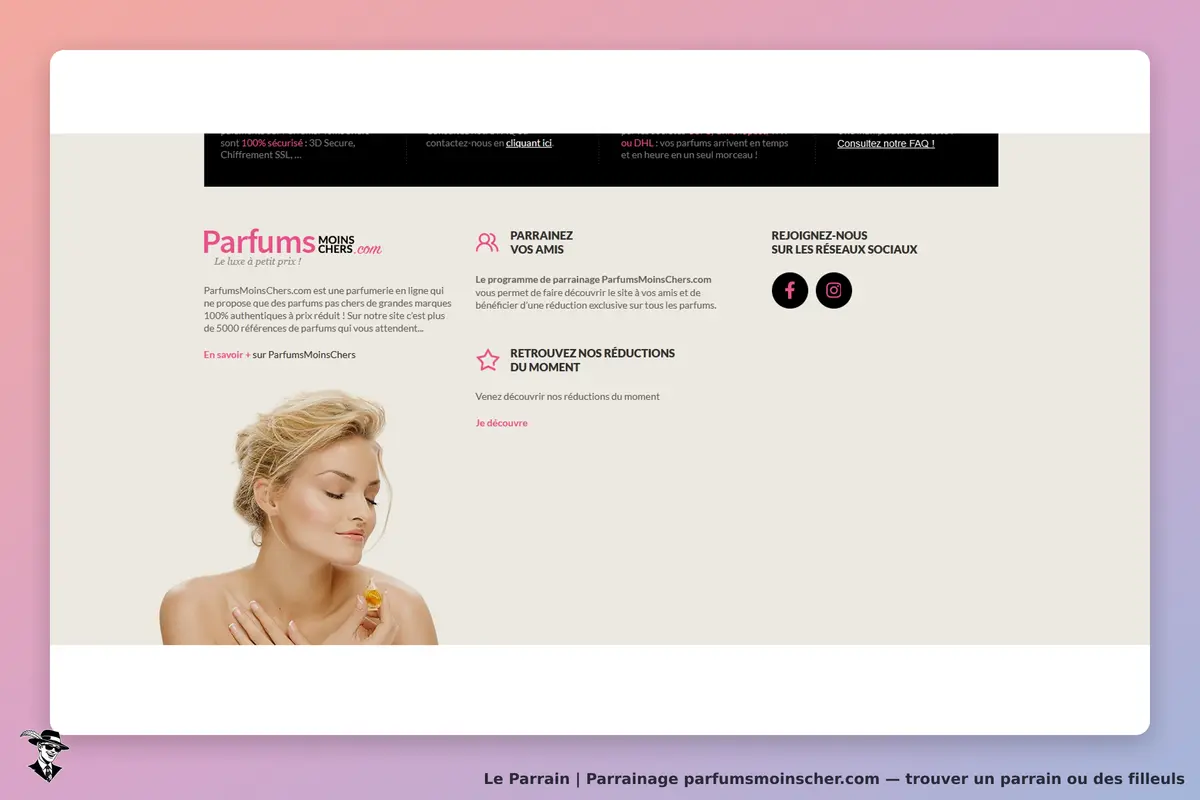 parfumsmoinscher.com : parfums Moins Chers : page d'accueil avec une femme tenant un flacon de