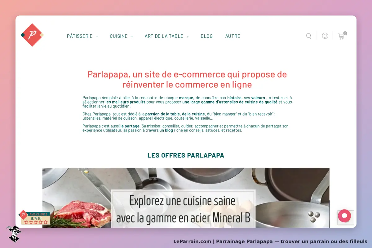 Parlapapa : page d'accueil présentant le site et ses valeurs autour de la cuisine et des ustensiles