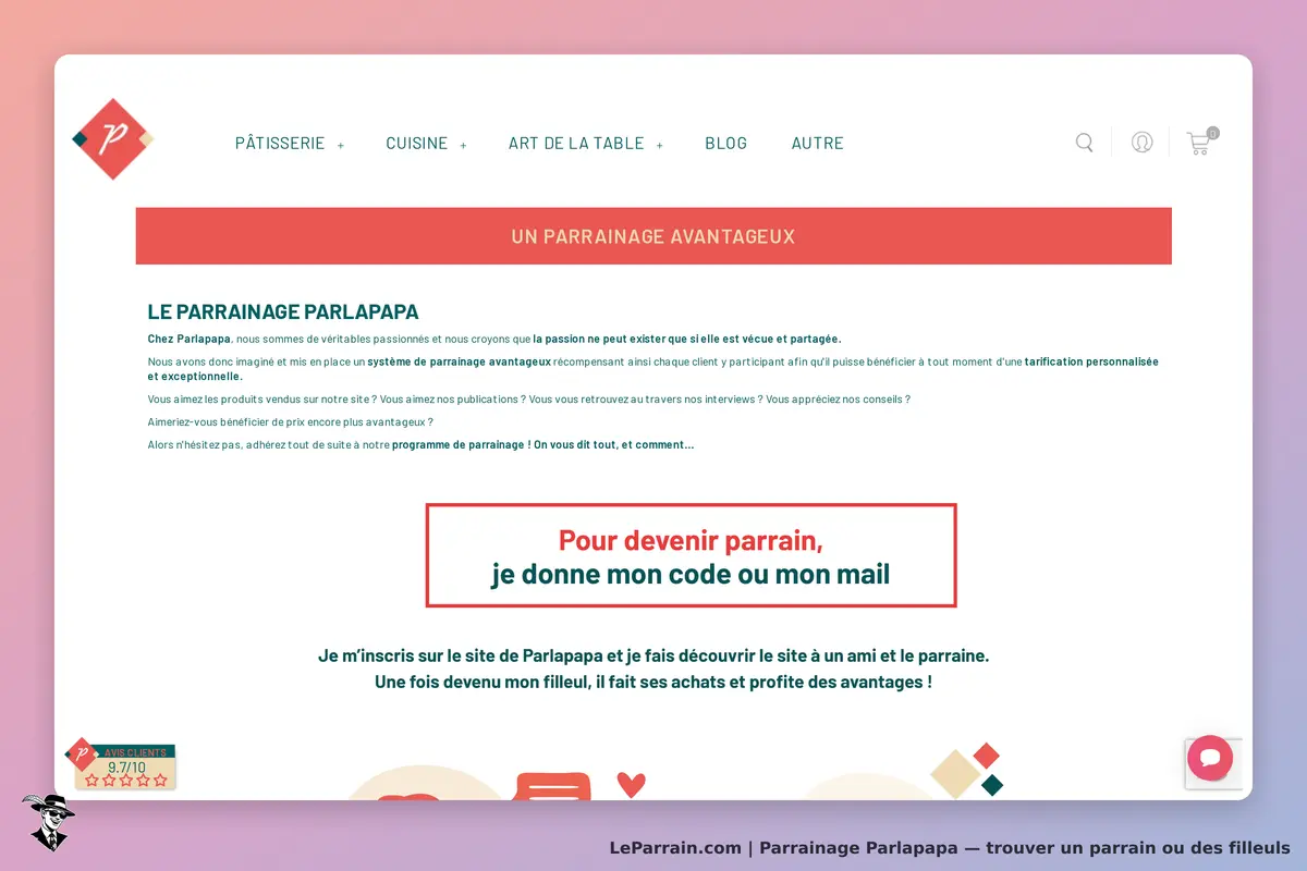 Parlapapa : présentation du parrainage avec un appel à devenir parrain et un formulaire