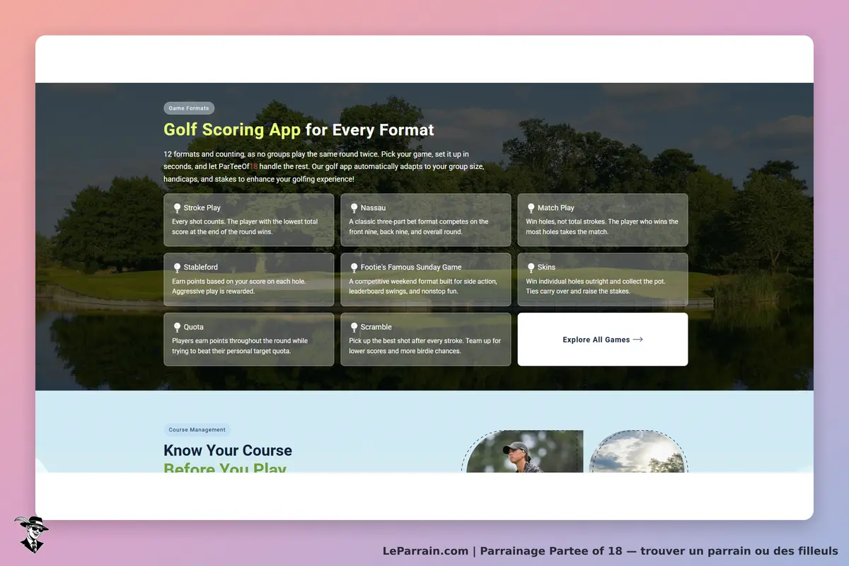 Partee of 18 : page d'accueil présentant des formats de jeu de golf avec descriptions