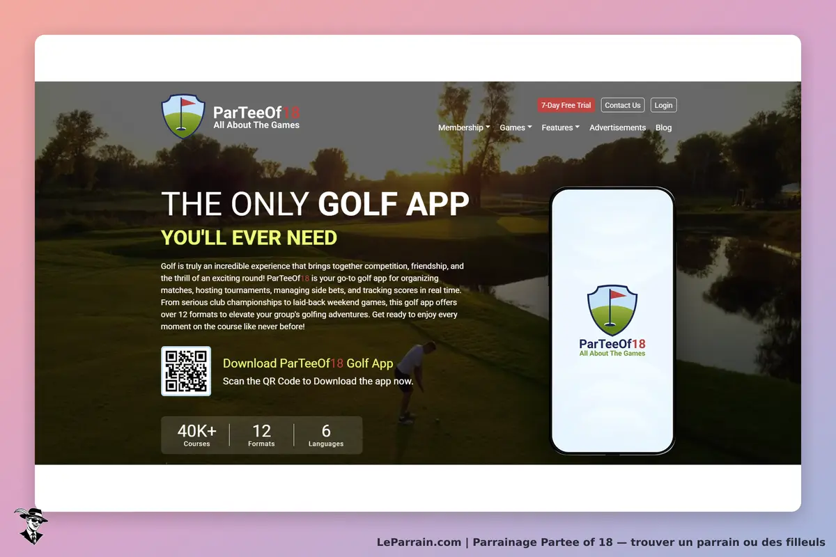 Partee of 18 : parTeeOf18 : page d'accueil présentant l'application de golf et un QR code pour le